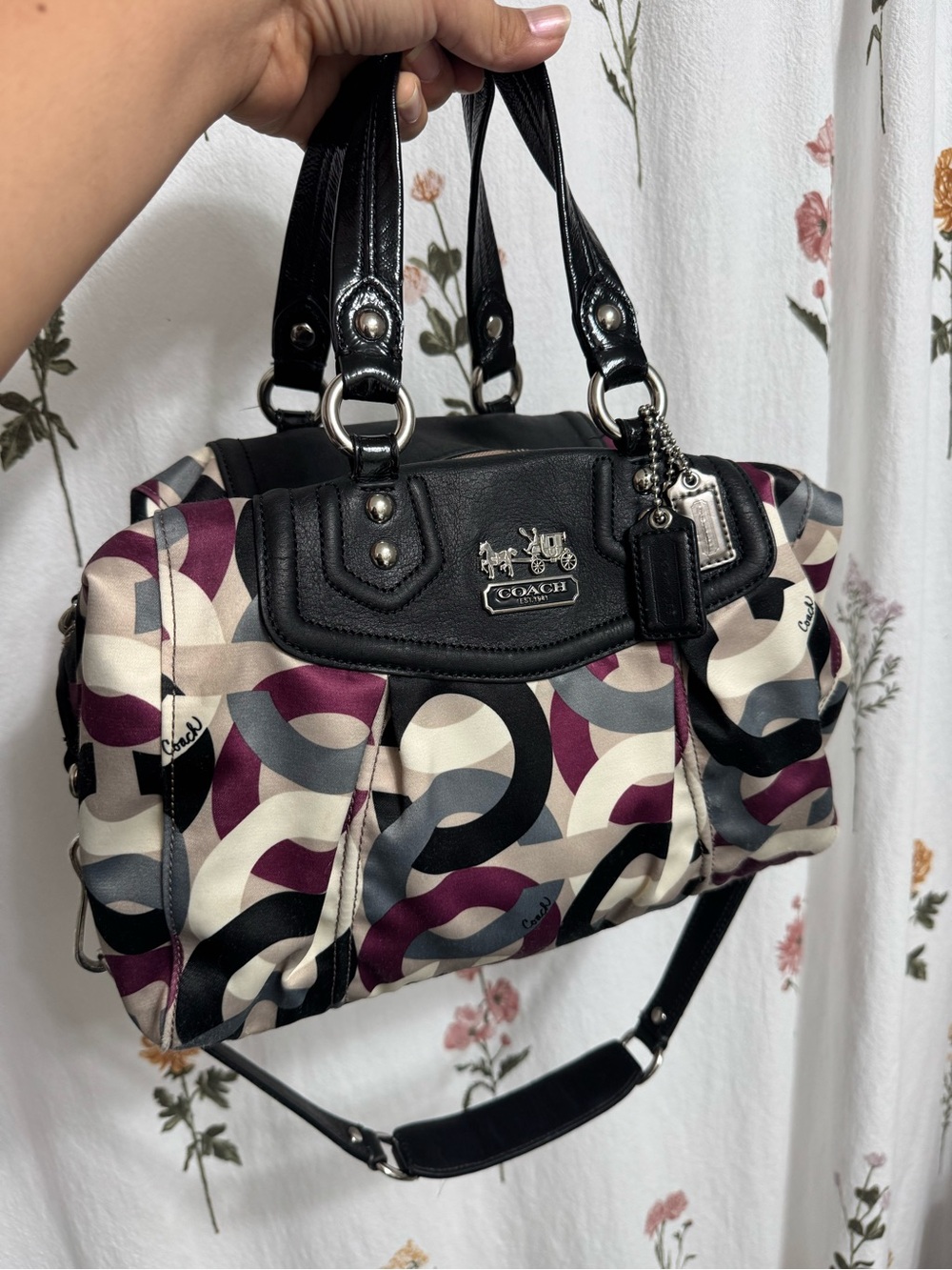 Coach Satchel in Black, Plum, Gray & Cream Geometric Print